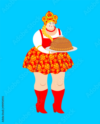Welcome to Russia. Russian Girl And loaf. Tradition of meeting guests. Hospitality. Bread and salt. Female in national costume. ethnic Historical cap Kokoshnik with Khokhloma painting. folk Dress.