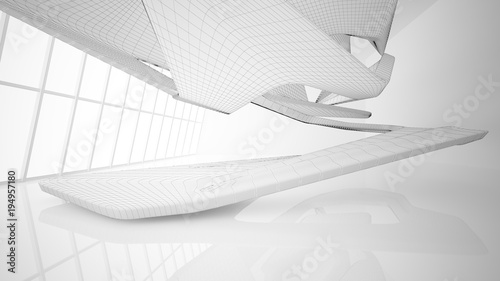 Abstract drawing white interior multilevel public space with window. 3D illustration and rendering.
