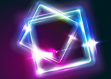 Vector Neon Rectangle Frame Illustration. Abstract Background with Led Light Effect. Shining Square Shape with Vibrant Electric Blue, Pink, Violet Colors. Glowing Digital Symbol. Minimal Neon Design.