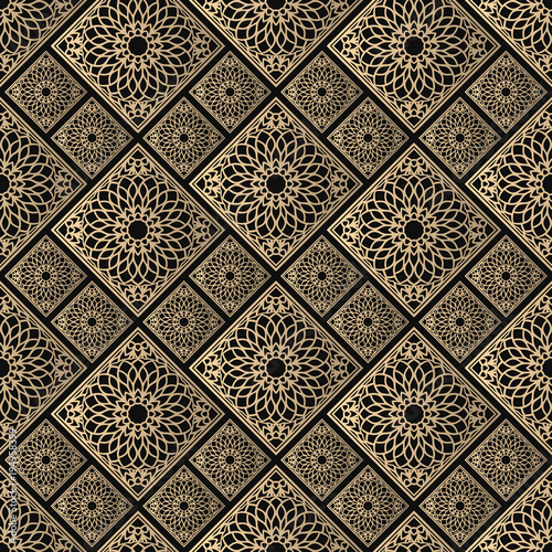 Seamless pattern oriental ornament. Black and golden textile print. Islamic vector design. Floral tiles.