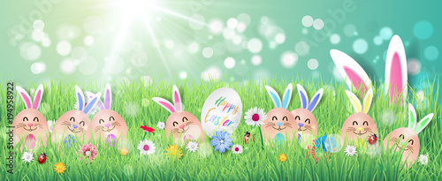 Happy easter image vector. Modern happy Easter background with colorful eggs and spring flower. Template Easter greeting card, vector. © detakstudio