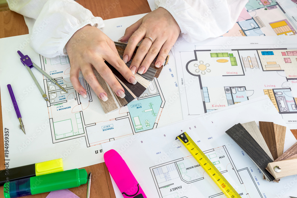House plans and blueprints, different tools  in office