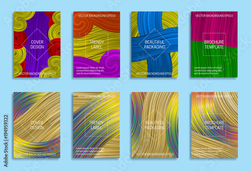 Colorful abstract backgrounds for cover design. Trendy labels for beautiful packaging. Bright saturated brochure templates.