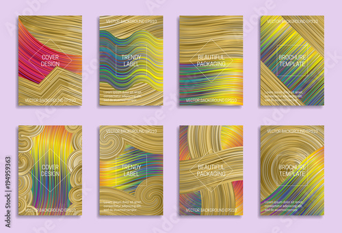 Colorful abstract backgrounds for cover design. Trendy labels for beautiful packaging. Bright saturated brochure templates.