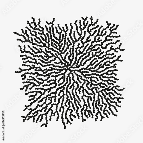 Monochrome abstract vector illustration with organic shape made of round particles. Modern scientific background with growing microscopic bacteria. Schematic generative fungus. Element of design.