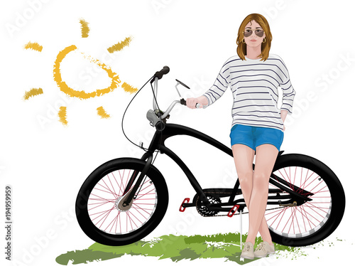 Girl in glasses. Girl with a bicycle. vector girl. girl in a striped T-shirt.