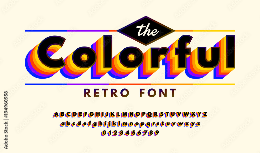 Retro alphabets with VHS look effects. Colorful 90's font isolated on