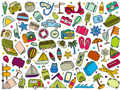 set of hand drawn travel doodle