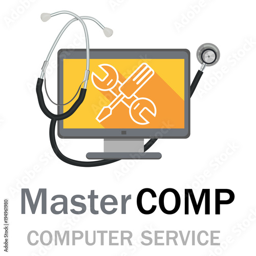 Computer repair service. Laptop with screwdriver and wrench. PC repair label. Desktop Service.