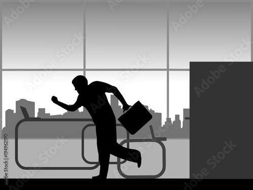 The man is late at work and runs into the office silhouette
