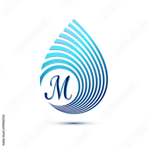 Logo with stripes in the form of a drop with letter M. Vector illustration.