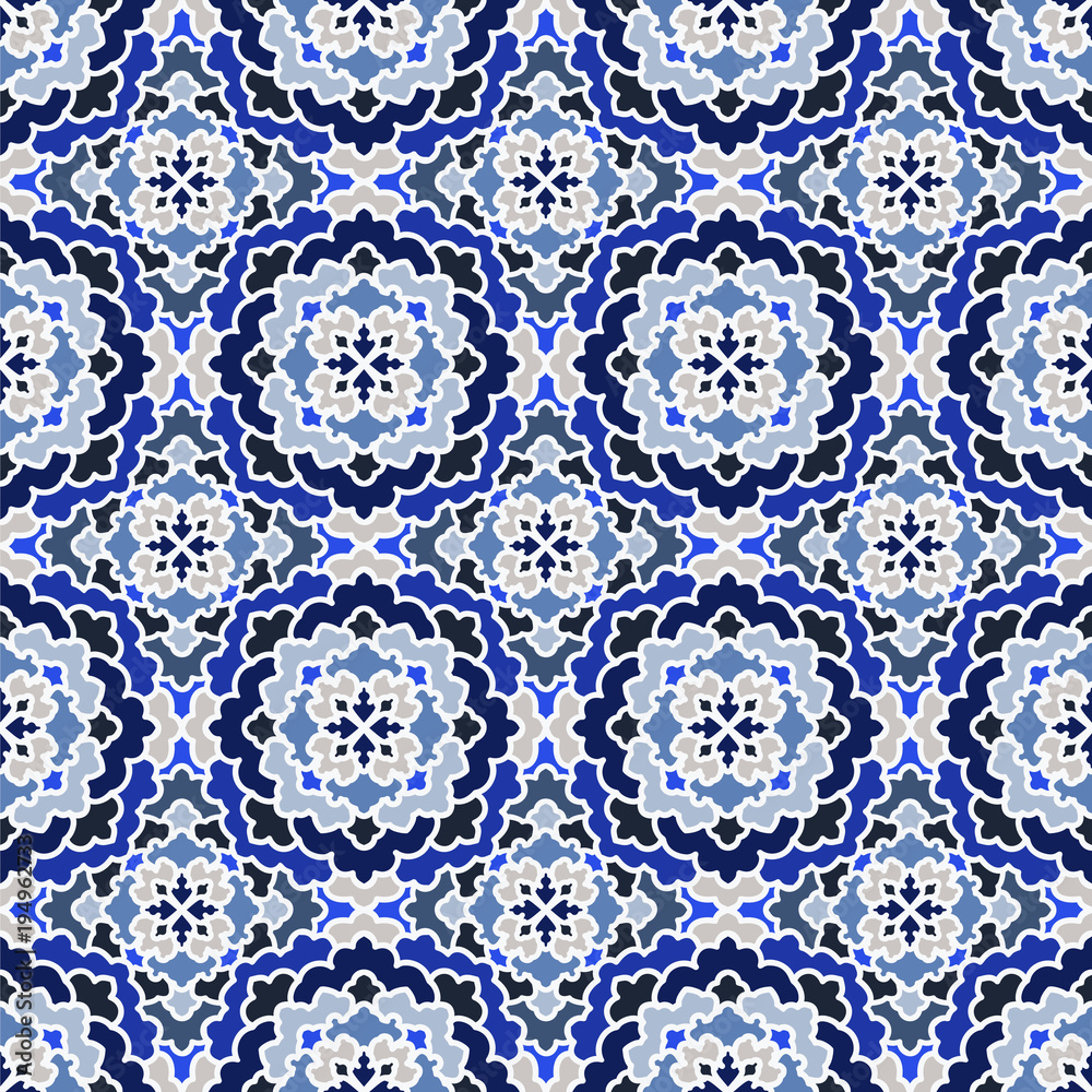 Vector Abstract Seamless Pattern in blue. Vintage Geometric East Ornament Pattern. Boho Style.