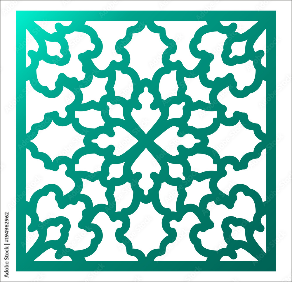 Laser cutting square panel. Fretwork abstract pattern with curly swirl circles.