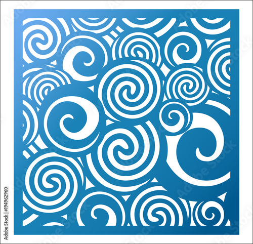 Laser cutting square panel. Fretwork abstract pattern with curly swirl circles.