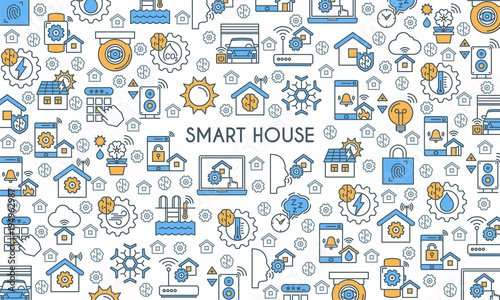 Flat line design banner on theme smart house. Smart systems and technology signs. Home automation system
