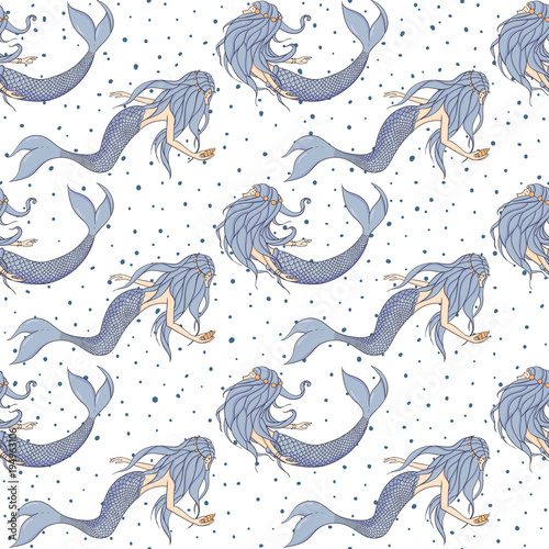 Vector mermaids seamless pattern. Mythical sea creatures on the white polka dot background.