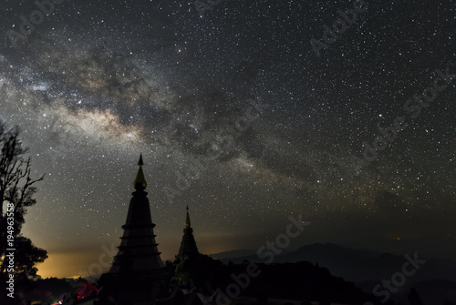 Milky way over two pagoda at Doi Inthanon mountain nation park - Chiang Mai Thailand
