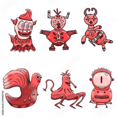 Fototapeta Naklejka Na Ścianę i Meble -  Crazy strange red space alien monster set of 6. Original hand drawn illustrations