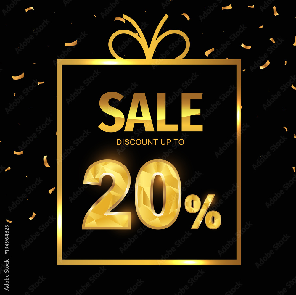 Sale discount 20 percent in gift box. Vector Low polygonal font. Special offer sale gold tag isolated vector. Discount offer price label, symbol for advertising campaign on shopping day.