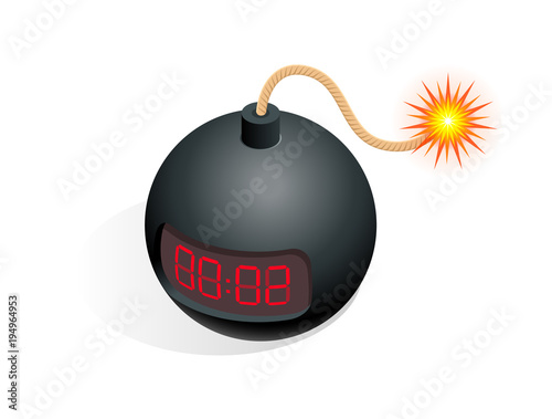 Isometric Bomb icon. Vector illustration TNT time bomb explosive with digital countdown timer clock isolated on white background