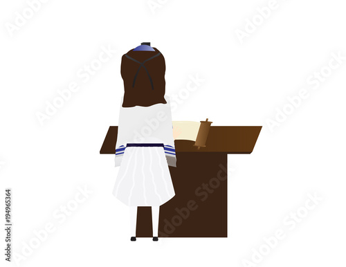 Reform Jewish girl learning for Bat mitzvah, Jewish girl with kippah and tallit reading in the torah