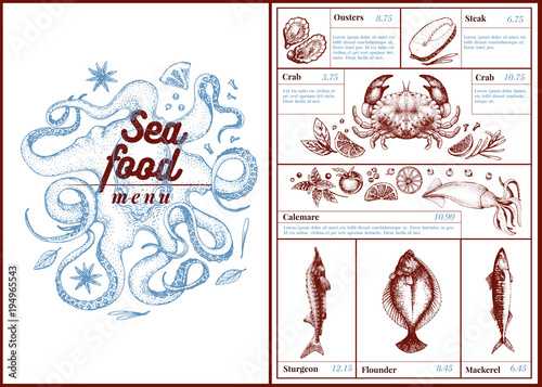 Restaurant cafe seafood menu, template design. Can be use as menu, dinner card design. Retro hand drawn illustration