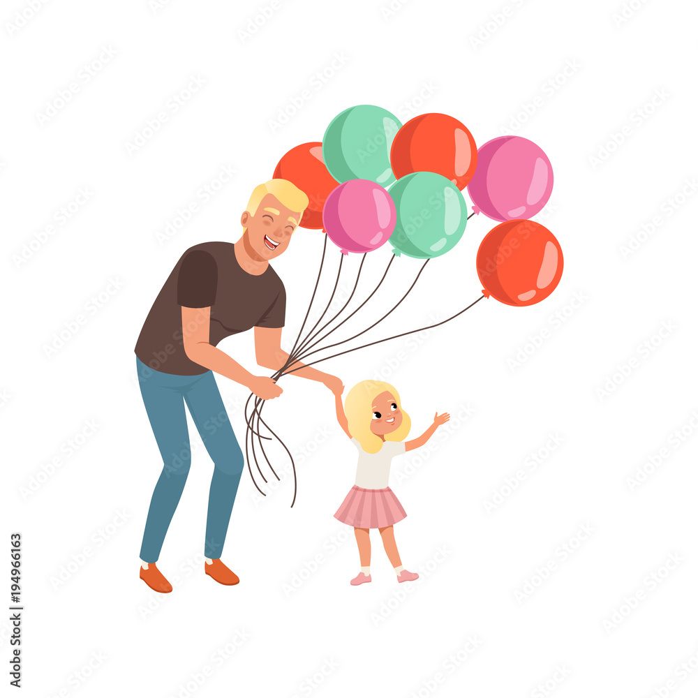Smiling father and his little daughter with bunch of balloons, loving daddy and kid spending time together, dad and his child celebrating Fathers Day vector Illustration Smiling father and his little daughter with bunch of balloons, loving daddy and kid spending time together, dad and his child celebrating Fathers Day vector Illustration