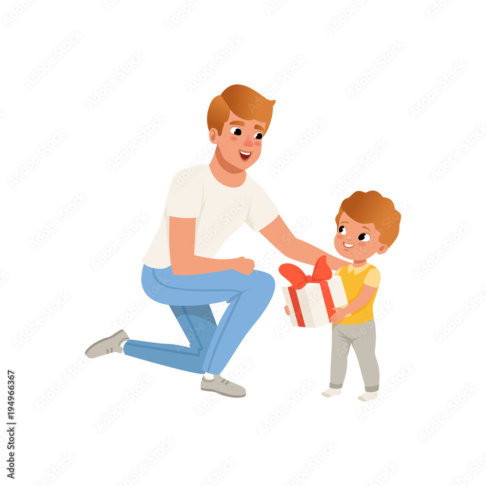 Father giving a gift to his son, loving dad and kid spending time together vector Illustration on a white background