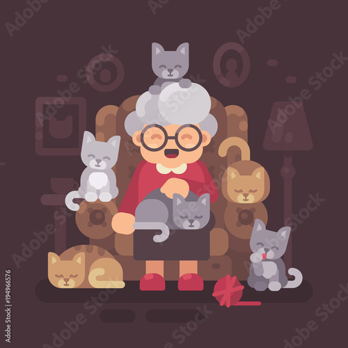 Cute granny sitting in armchair with her cats. Old cat lady with five kittens flat illustration