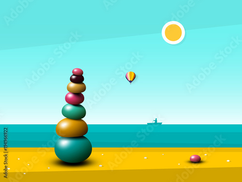 Quiet Peaceful Ocean Landscape with Zen Pebbles Heap on Beach. Vector Flat Design Illustration with Sea.