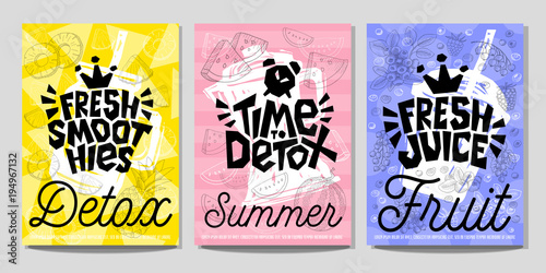 Colorful Label poster stickers food fruits vegetable chalk sketch style, juice smoothies