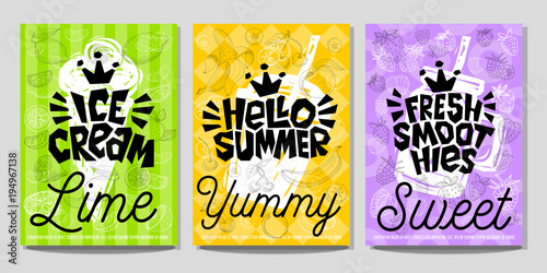 Colorful Label poster stickers food fruits vegetable chalk sketch style, juice smoothies