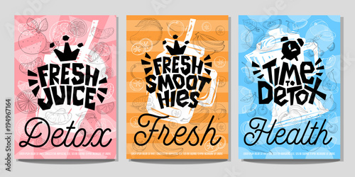 Colorful Label poster stickers food fruits vegetable chalk sketch style, juice smoothies