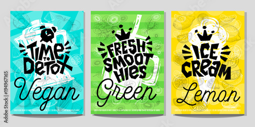 Colorful Label poster stickers food fruits vegetable chalk sketch style, juice smoothies
