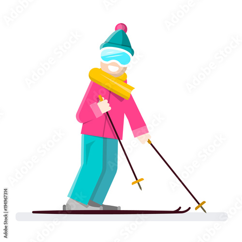 Man on Ski. Vector Skier Cartoon.