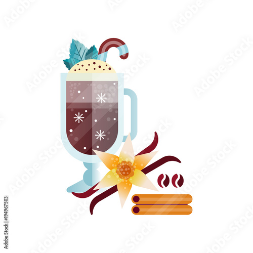 Fragrant coffee drink with whipped cream, vanilla and cinnamon in glass cup vector Illustration on a white background