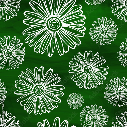 Chalky chamomiles on an abstract emerald background. Seamless pattern of chalk chamomiles