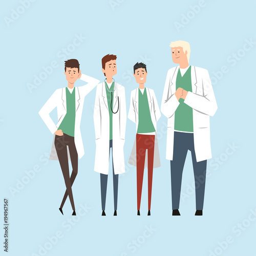 Smiling doctors team, hospital workers standing together vector Illustration on a light blue background