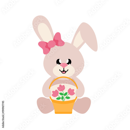 cartoon bunny girl sitting with basket and flowers