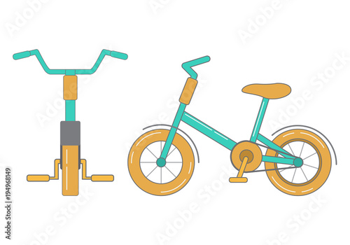 The children's bicycl toy.Active healthy lifestyle.Cartoon flat vintage vector cartoon.Vehicle kids pedals and a wheel. Objects isolated on a white background.Front view and sideways