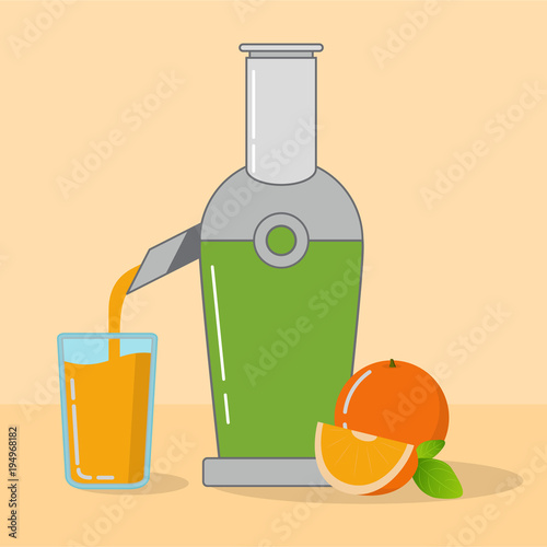 Kitchen equipment.Household appliances.Juice extractor.Citrus freshly squeezed orange juice direct extraction glass.Ripe fruit segment.Summer refreshing drink for healthy food.Flat line art vector.  