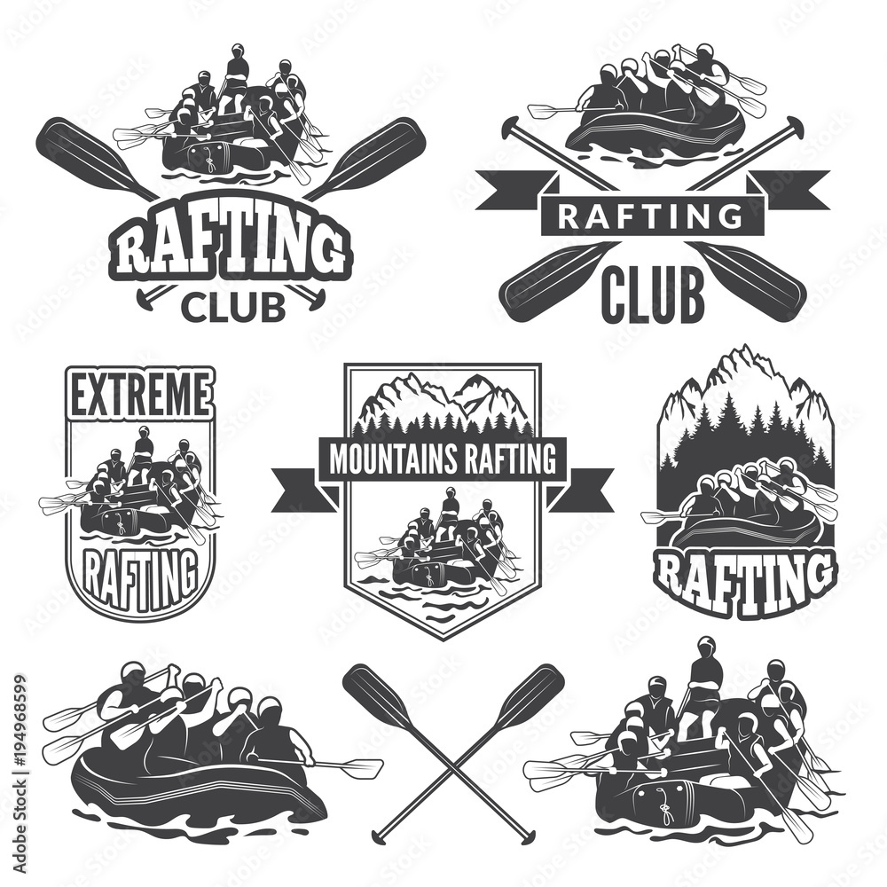 Labels for sport club of extreme dangerous water sport. Vector pictures of rafting - obrazy, fototapety, plakaty 