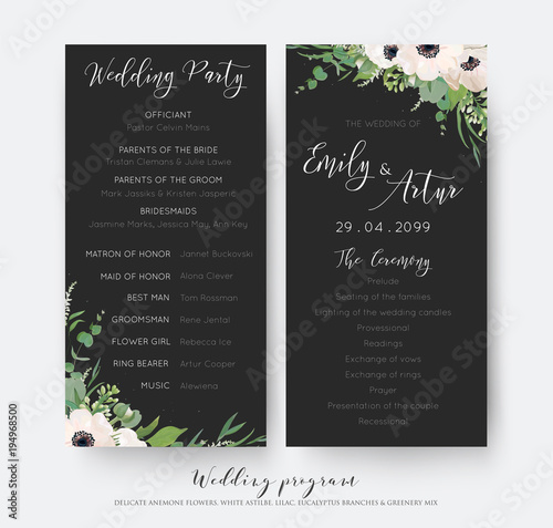 Wedding ceremony and party program card elegant design with watercolor light mauve anemone flowers, eucalyptus green leaves, white lilac flowers, greenery decoration white dots on dark grey background