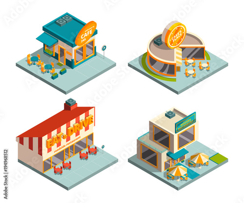 City cafe buildings. Isometric pictures