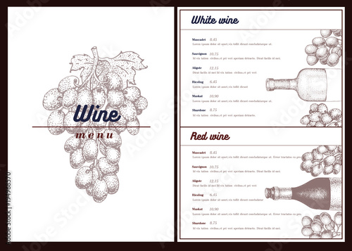 Vector wine menu template. Can be use as menu, wine card design. Retro hand drawn illustration photo