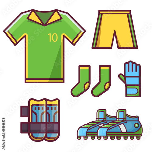 Soccer football team uniform icon set with goalkeeper glove, knee pads, soccer cleats or football boots, socks, t-shirt with footballer number and shorts. Complete sport outfit for men and women.