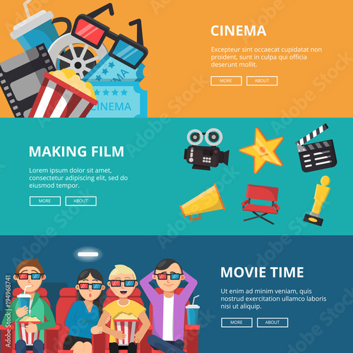 Horizontal banners at cinema theme. Male and female characters watching movies