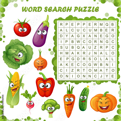 Word search puzzle. Vector education game for children. Cartoon vegetables emoticons