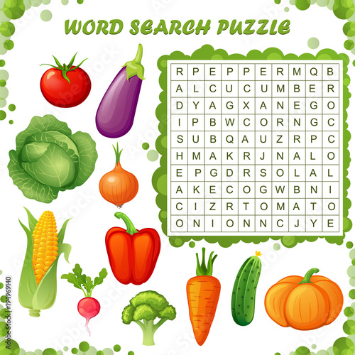 Word search puzzle. Vector education game for children. Vegetables