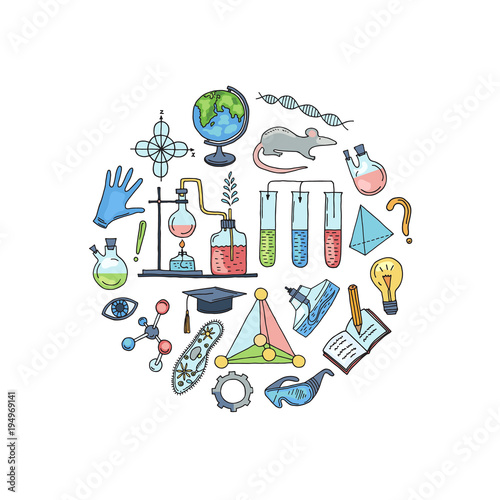 Vector sketched science or chemistry elements in form of circle illustration